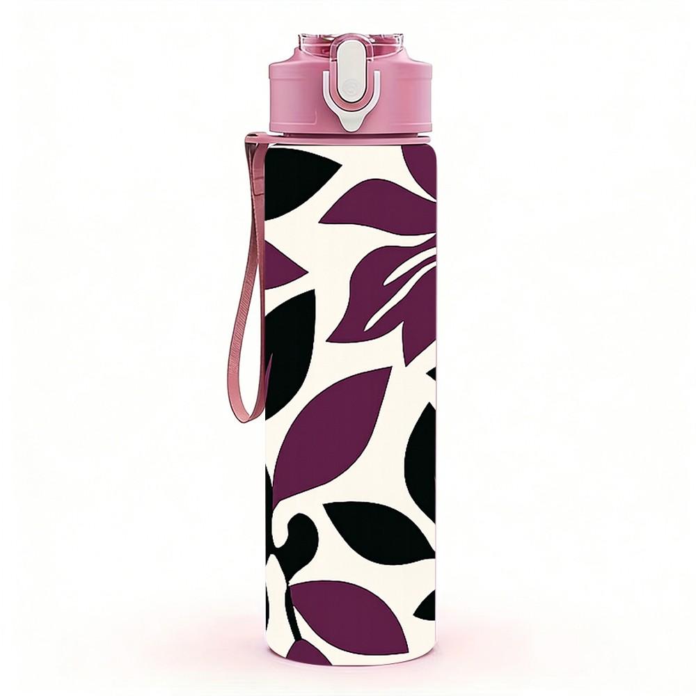 1PC Purple Floral Repeat Pattern 750ml Color Plastic Sports Water Bottle Leakproof Flip Straw Lid Suitable for Sports Office Home Use