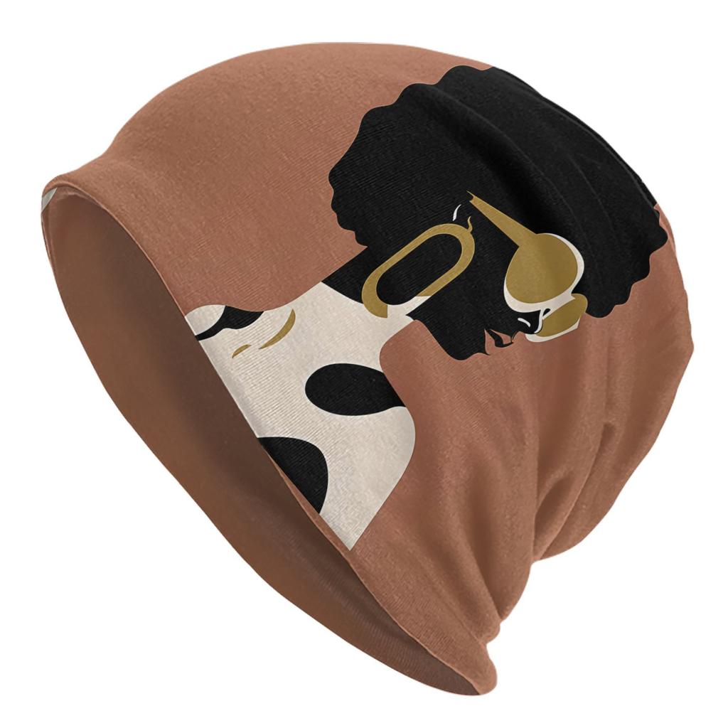 Biihudu African Woman Beanie Hat - Stretchy Snug Fit Winter Skull Cap, Brown/Black/ Cultural Afro Hairstyle Design For Women - F