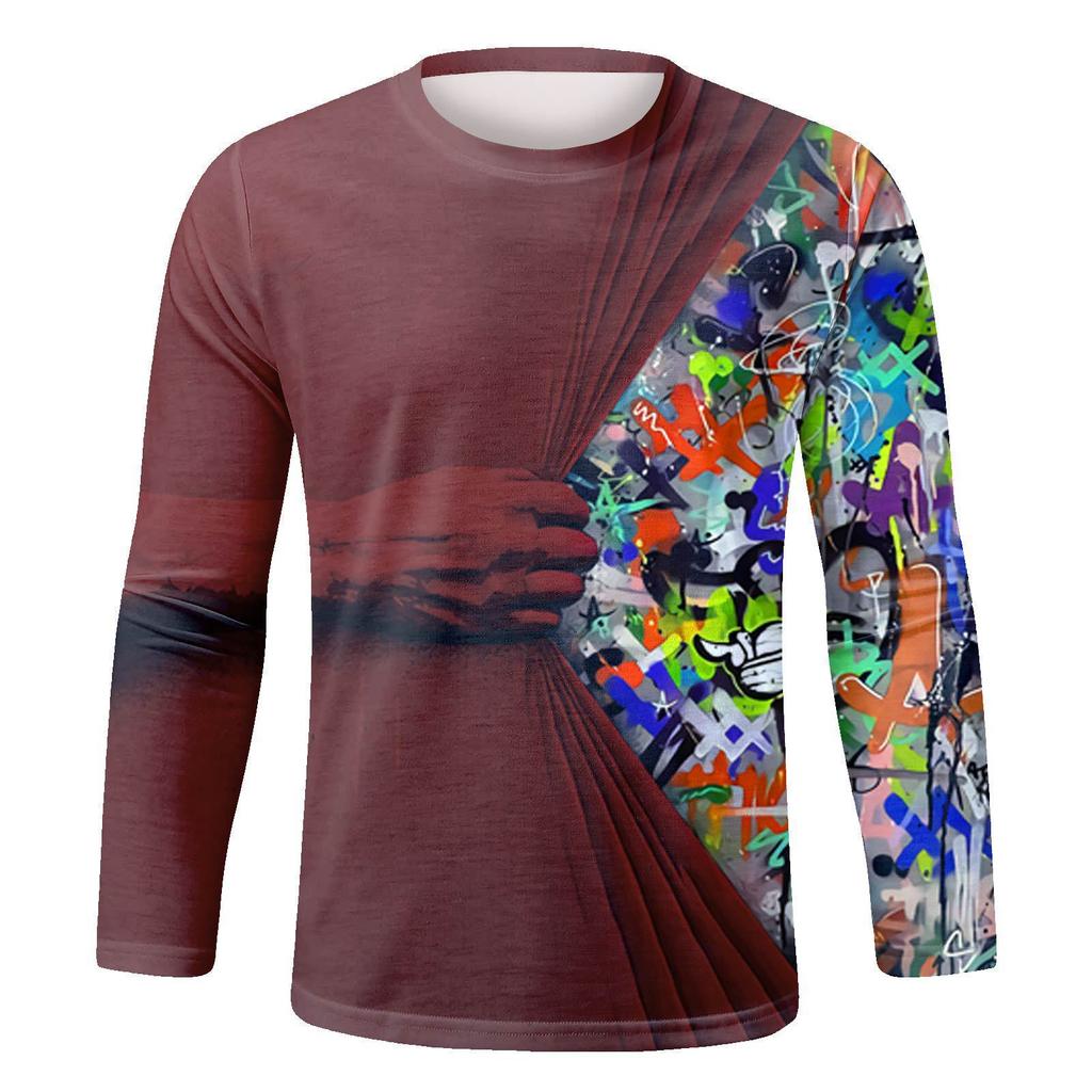 Spring and Autumn Round Neck 3D Printed Top Fashionable Casual Colorful Long Sleeved Men's T-shirts