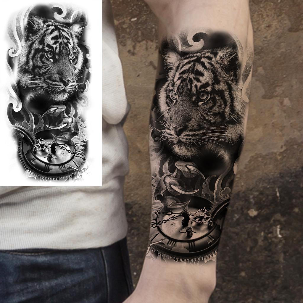 1 Sheet Scary Tiger Flower Temporary Tattoos For Women Men Adults Fake Black Black Animal Tattoo Sticker Covers Up Waterproof