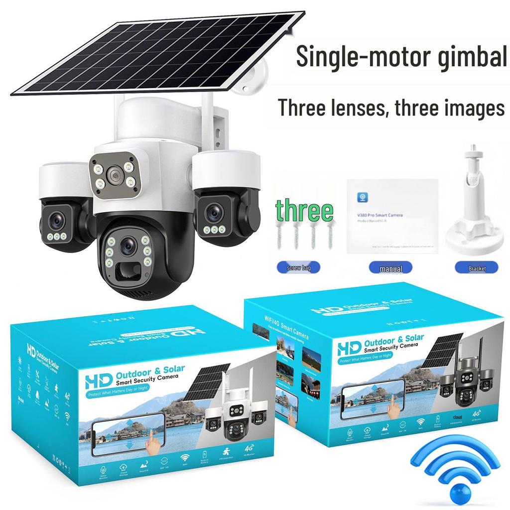 V380 4G Solar Camera with Three-Lens, Three-Axis Gimbal for Home Monitoring - Wireless, Low Power Battery.
