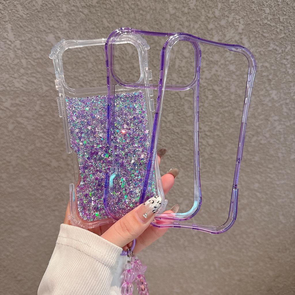 Glitter 3-in-1 Phone Case with Beaded Chain for iPhone 15 14 13 Pro Max TPU+PC Shockproof Cover