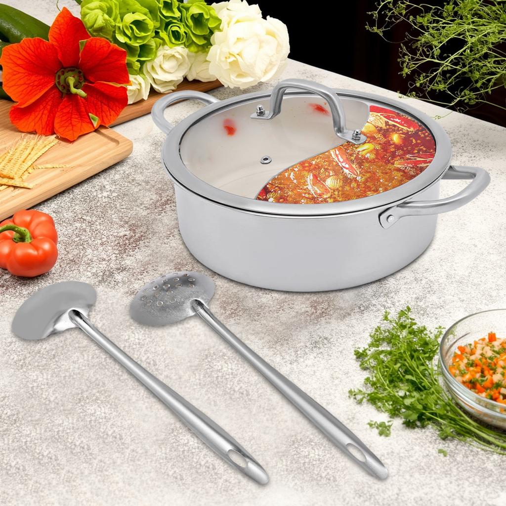 Stainless Steel Hot Pot with Divider, 28cm Dual Compartment Pot, 304 Stainless Steel Cookware W/ Glass Lid,Soup Spoon & Strainer