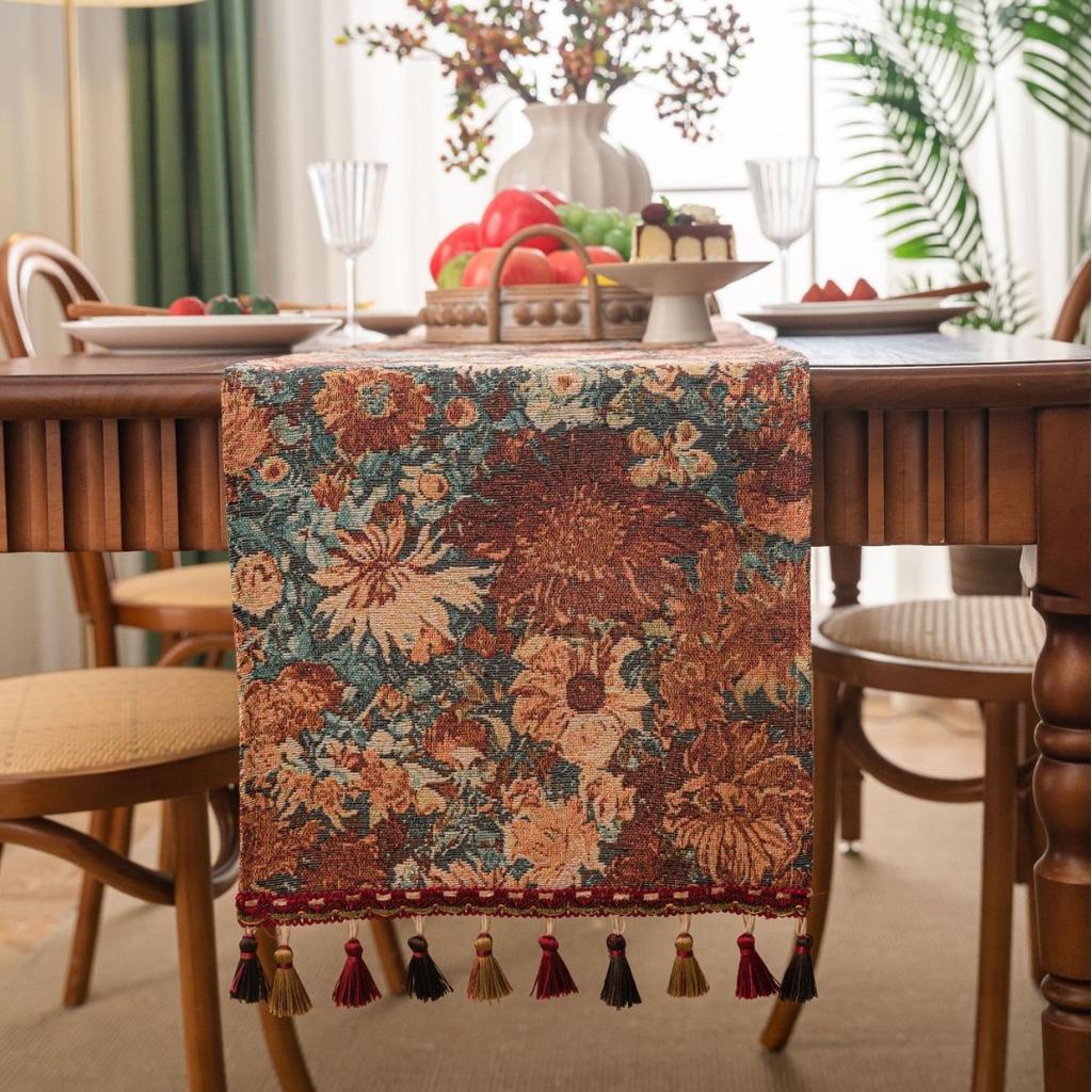 Retro Nostalgia Oil Painting Jacquard Table Runner with Tassel for Dinning Table Home Decor Luxury Monet Sunflower Table Runner