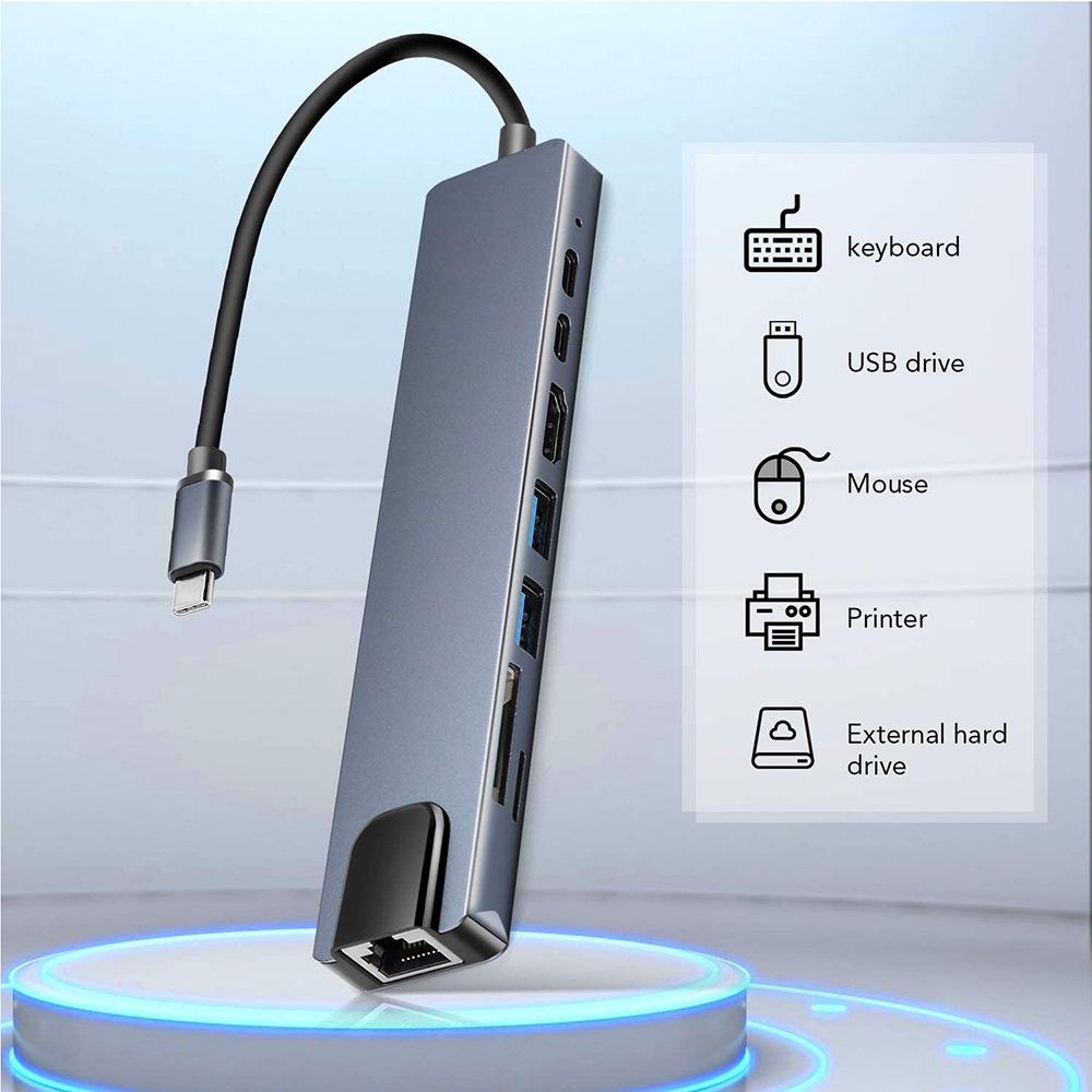 8-in-1 USB-C Hub with Gigabit Ethernet, RJ45 Port, and USB 3.0 Docking Station