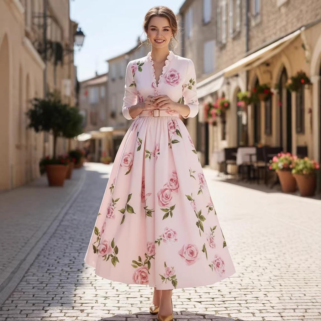 Elegant Long Sleeve Pleated Banquet Dress Fashion Lady High Waist A-Line Dresses Temperament V-Neck Floral Printed Evening Dress