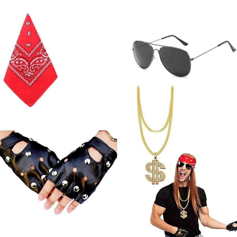 Sada kostýmů Rockera z 80. let, Kostýmy Heavy Metal Rock, Doplňky ke kostýmům na Halloween, Nafukovací kytara, Náramky, Prsteny