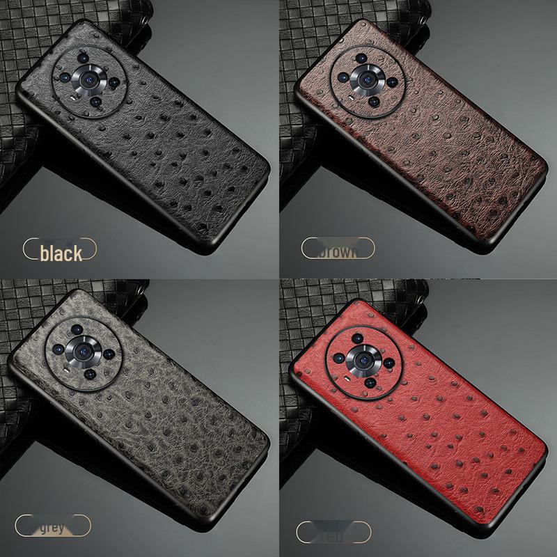 Honor Magic6Pro Lederschutzhülle mit Straußenmuster, Rundum-Schutzhülle aus Rindsleder für Honor Magic6 Telefon.