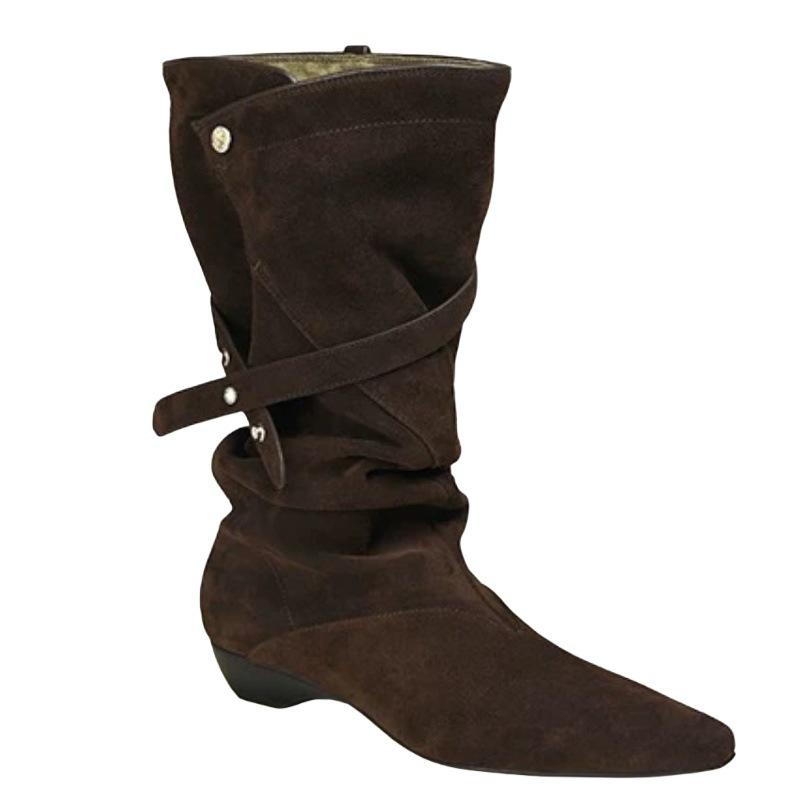 Korean version of pointed thick heel western cowboy boots women's 2025 autumn and winter new fashion versatile wide tube stacking boots medium tube b