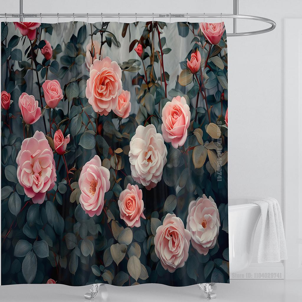 Rose Flower Shower Curtain Waterproof Shower Curtain Polyester Fabric 3D Printed Curtain Bathroom Decoration With Hook