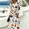 Abito casual da donna a maniche lunghe con scollo a V e stampa di Halloween, con tasche