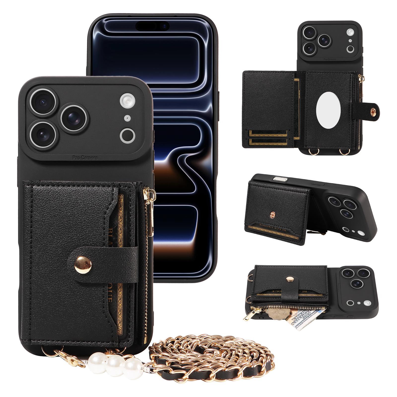 

Leather Phone Case for IPhone17 16 15 14 13 12 11Pro Max Plus Mini with Mirror & Pearl-Studded Strap Shockproof Protective Cover iPhone Air чёрный
