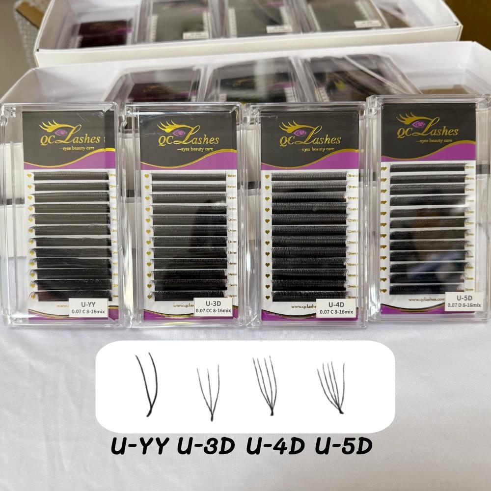 U-Shape YY 3D 4D 5D Clover Darkest Black Mink Hand Made Natural Beauty Soft Private Logo Eyelashes Extension Lash Trays U-YY&C&0.07MM матовый черный