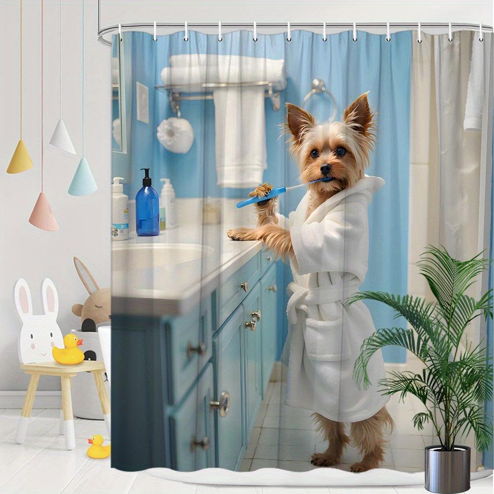 Yorkshire Terrier Brushing Shower Curtain Cute White Cartoon Dog Theme Bathroom Decorative Shower Curtain With 12 Hooks,