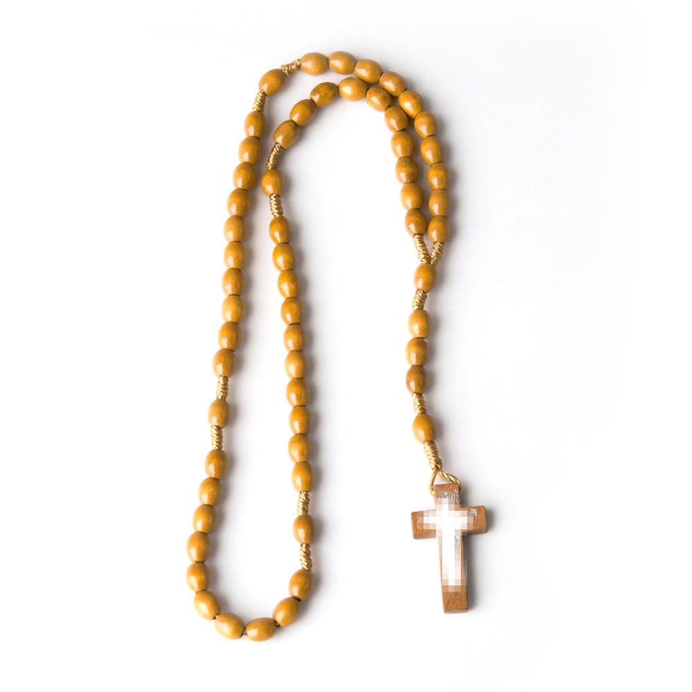 In Stock: Natural Wood Bead Cross Rosary Necklace - Hand-Woven Prayer Jewelry