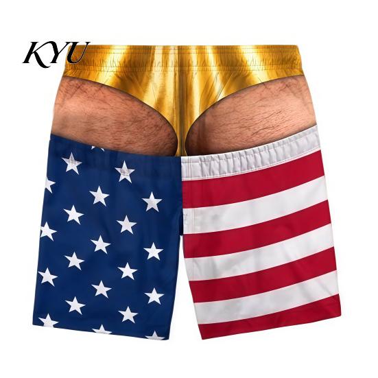 Summer Party Tricky Swimwear Hairy Big Booty Shorts, USA Flag Print Men Swim Trunks, Golden Funny 3D Visual Effect Shorts Briefs Design, Beach