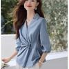 Design-sensual Temperament Commuting V-neck Waist Top Lapel New Waist Pleated Shirt for Women