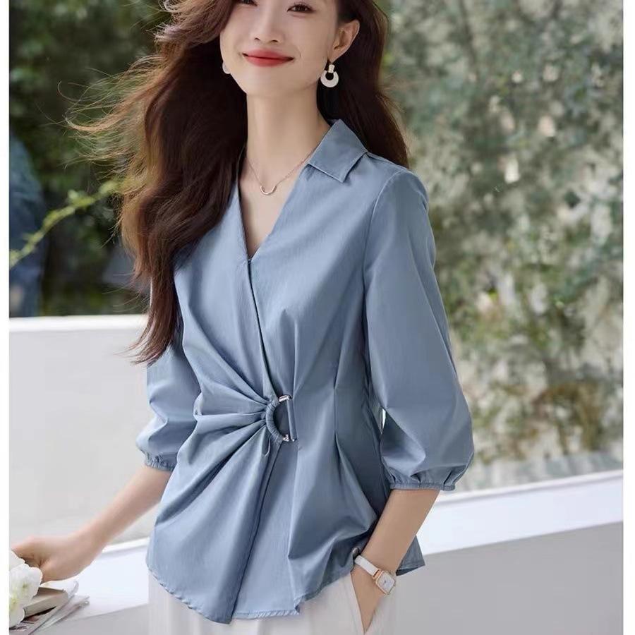 Design-sensual Temperament Commuting V-neck Waist Top Lapel New Waist Pleated Shirt for Women