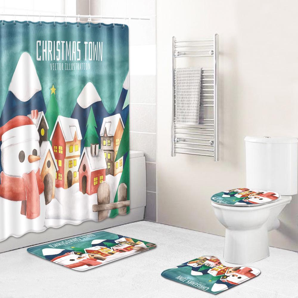 Christmas Shower Curtain Floor Mat Combination Four-Piece Bathroom Non-Slip Door Mat Foot Mat Bedroom Living Room Carpet