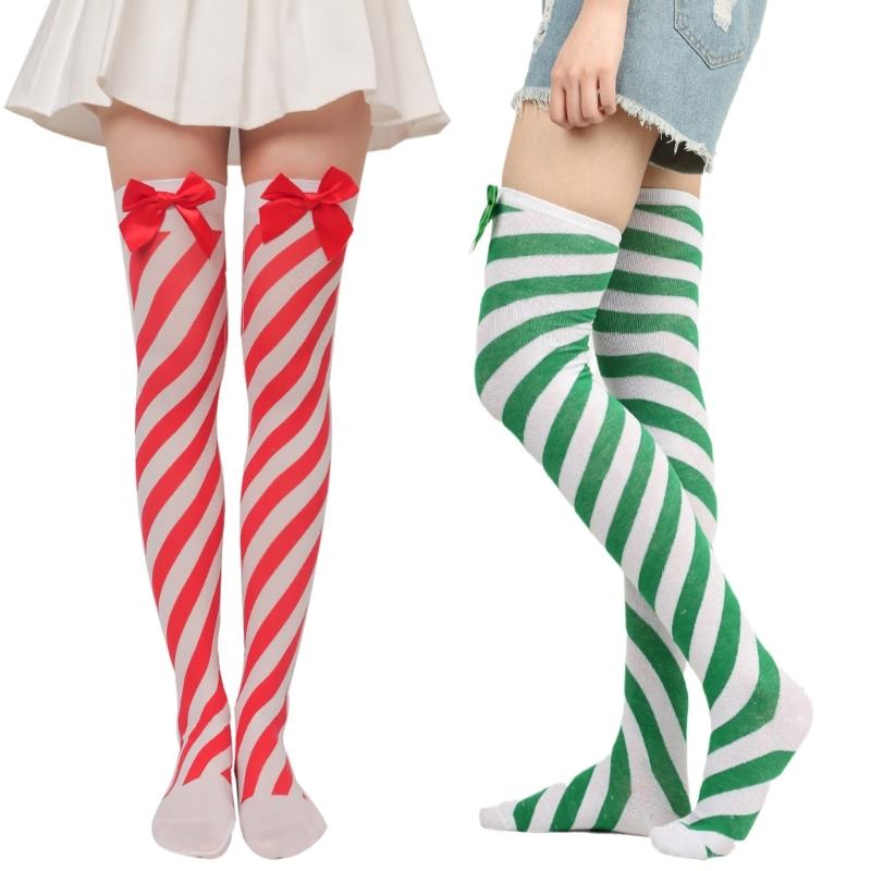 Striped Stockings For Women Over The Knee Long Socks Christmas Green Red Bowknot Long Socks Female Leg Stocking