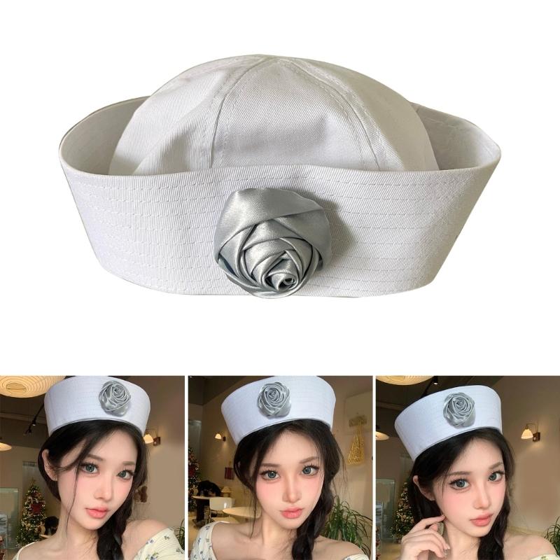 Spring Sunproof Sailor Hat Woman Commutes Captain Hat Camping Taking Photo Sailor Hat with Rose Decals for Girlfriend