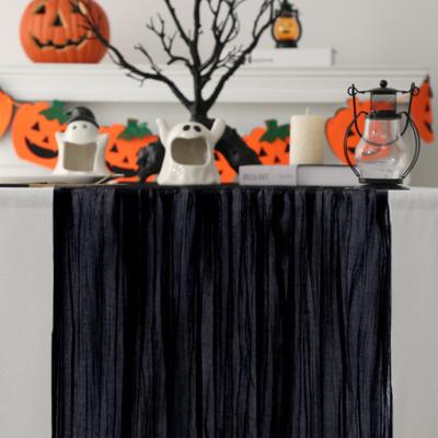 Wedding Party Table Runner Gauze Halloween Style Pleated Pure Black Stain-Proof Reusable