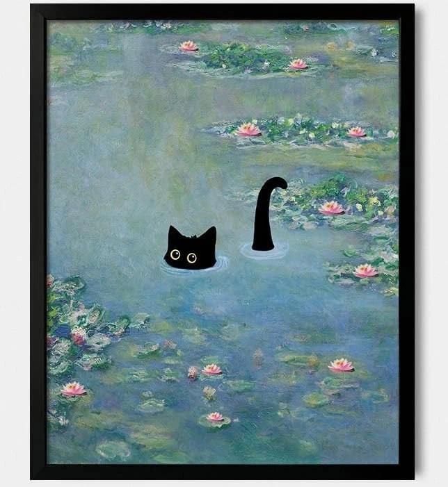 Funny Black Cat Swimming Monet Water Lilies Meme Art Poster 3XL