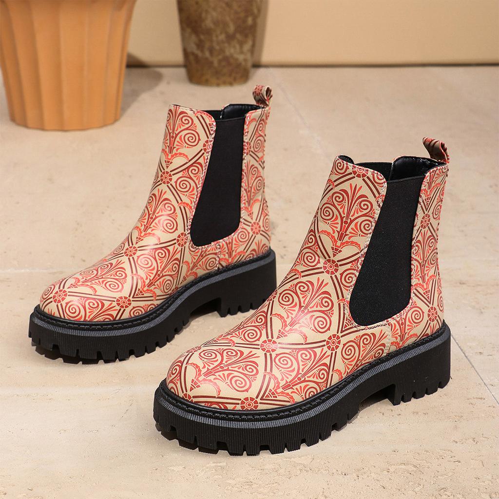 Women's Round Toe - Boots with Color Block Design for Fall and Winter