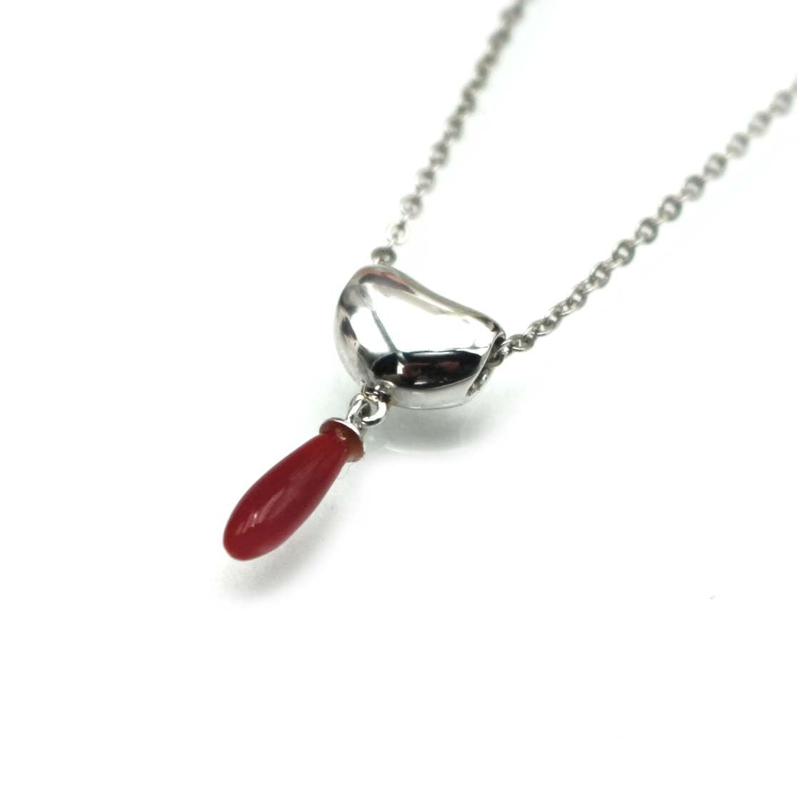 [Craftsman s Crafts Museum] Blood Red Coral Teardrop Pendant, Silver Fittings, Drop Pendant Top, 40cm Plated Chain Included, Undyed Coral