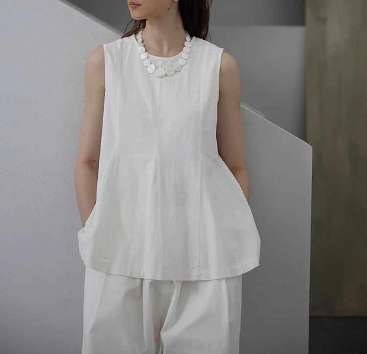 Minimal American French cotton and linen shirt summer new waist round neck sleeveless linen unique top