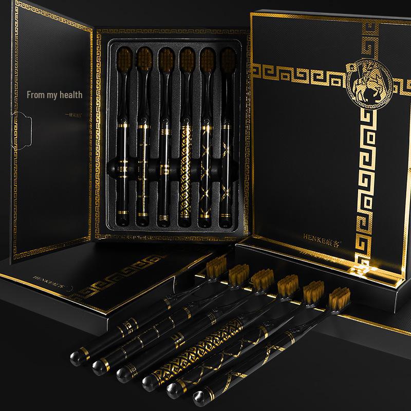 [6-Piece Gift Box] Premium Adult Toothbrush with Ultra-Fine Medium Bristles, Wide Head, and Elegant Gold-Stamped Handle