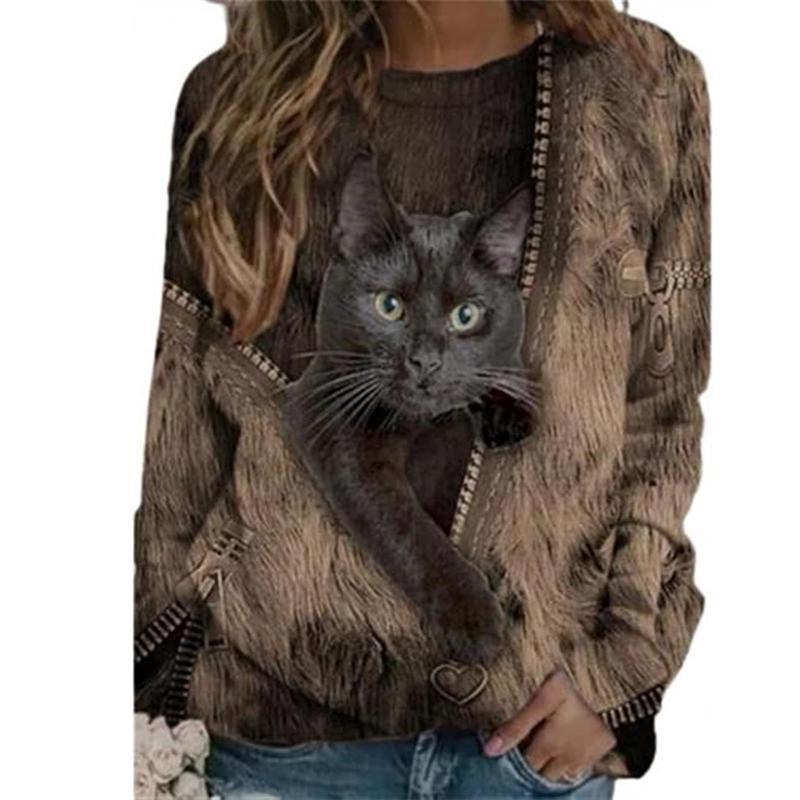 Plus Size Fashion Women's Round Neck Long Sleeve Shirts Basic Lightweight Pullover Tops Casual Cartoon Cat Printed Blouses