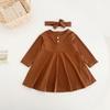 Girls Spring Autumn Ribbed Long Sleeve Dress Solid Button Front Round Neck Casual Chic Kids Clothing