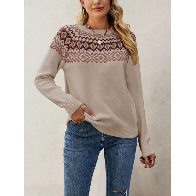 New Autumn and Winter Hot Sale Jacquard Retro Sweater Large Size Crew Neck Pullover Knitted Sweater