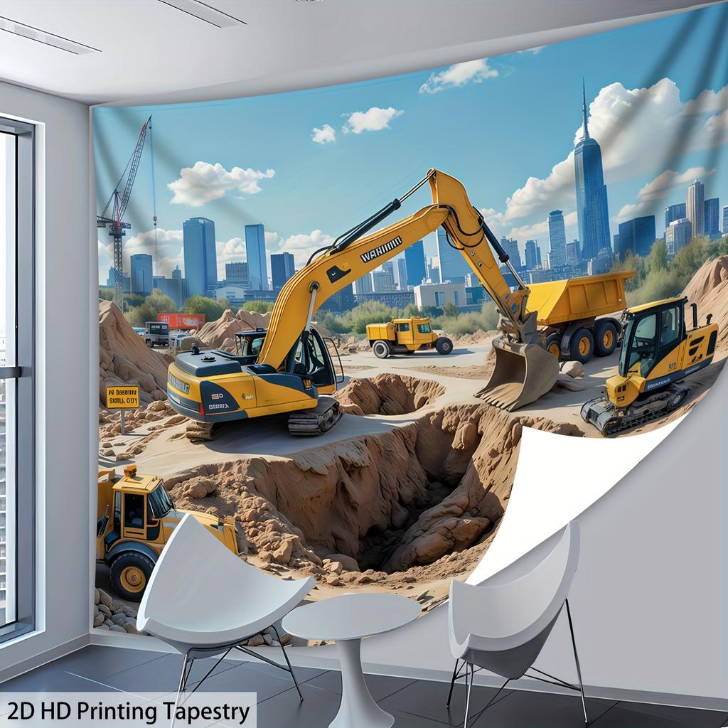 Construction Site Tapestry, Excavators and Dump Trucks Working, City Building Scene Wall Art for Kids Room Living Room Decor
