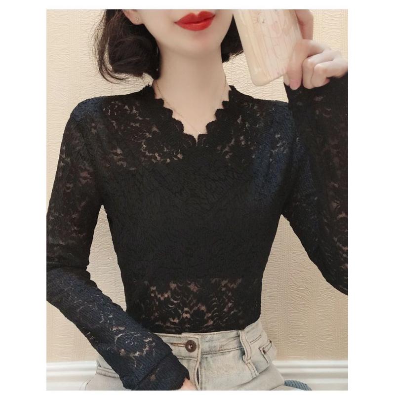 Koronkowy dół Damska Jesień i Zima 2025 Nowy Styl Seksowna Ażurowa Krótka z Długim Rękawem Wyszczuplająca Ciepła Bluzka