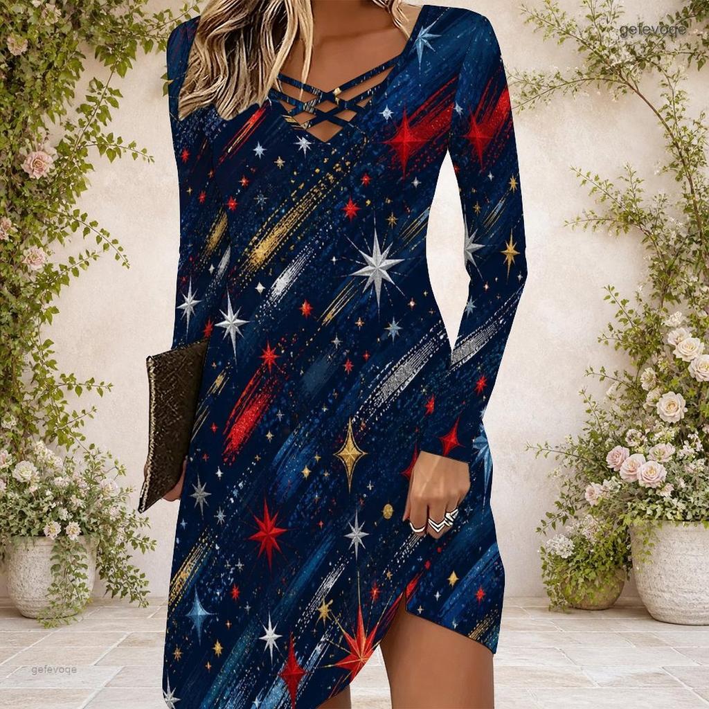 Women Cross V Neck Long Sleeve Dress Red Blue Golden Star Firework Print Irregular Hem Dress