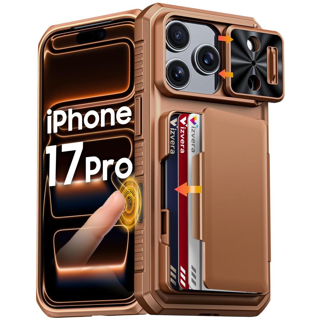 Mit Kartenhalter, Schiebefach für die Kamera und Ständer für iPhone 17 Pro Handyhülle, Anti-Fall PC+TPU Wallet Case - Orange