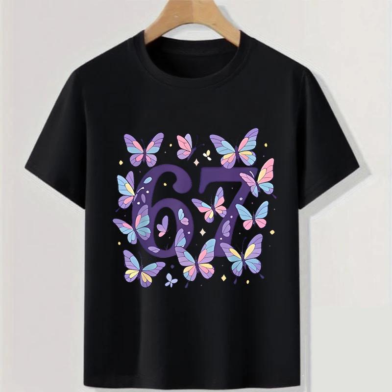 Butterfly Six Seven Print Children Tshirts Summer Girls Casual Fashion Funny Tops Kids Colorful Crew Neck Short Sleeve Tees