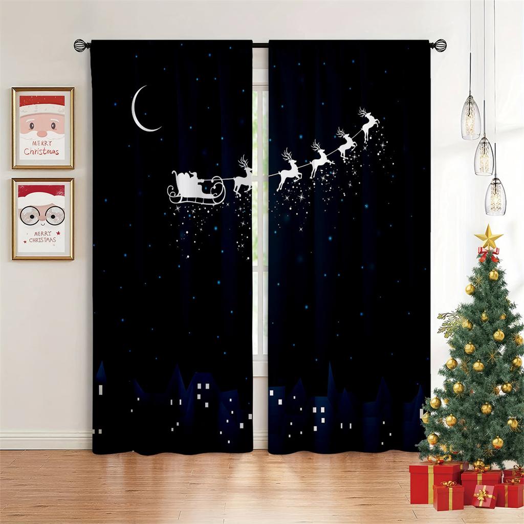 Christmas Holiday Decor Curtains Blue Bells Red Santa Bedroom Kids Room Decor Living Room Kitchen Window Decor Curtains 2 Panels