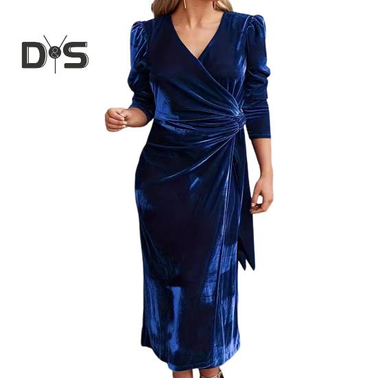 

Женское осенне-весеннее платье с V-образным вырезом, однотонное, со шнуровкой, обтягивающее, бархатное, длиной до середины икры, с длинными рукавами, плиссированное, для свиданий, поездок на работу, миди-платье 2XL синий