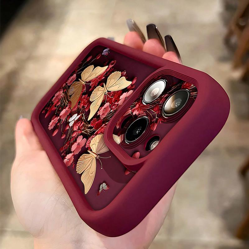 Golden Butterflies and Vintage Red Flowers Phone Case iPhone 15 Pro Max 11 12 13 16 14 Plus Soft Silicone Protective Case