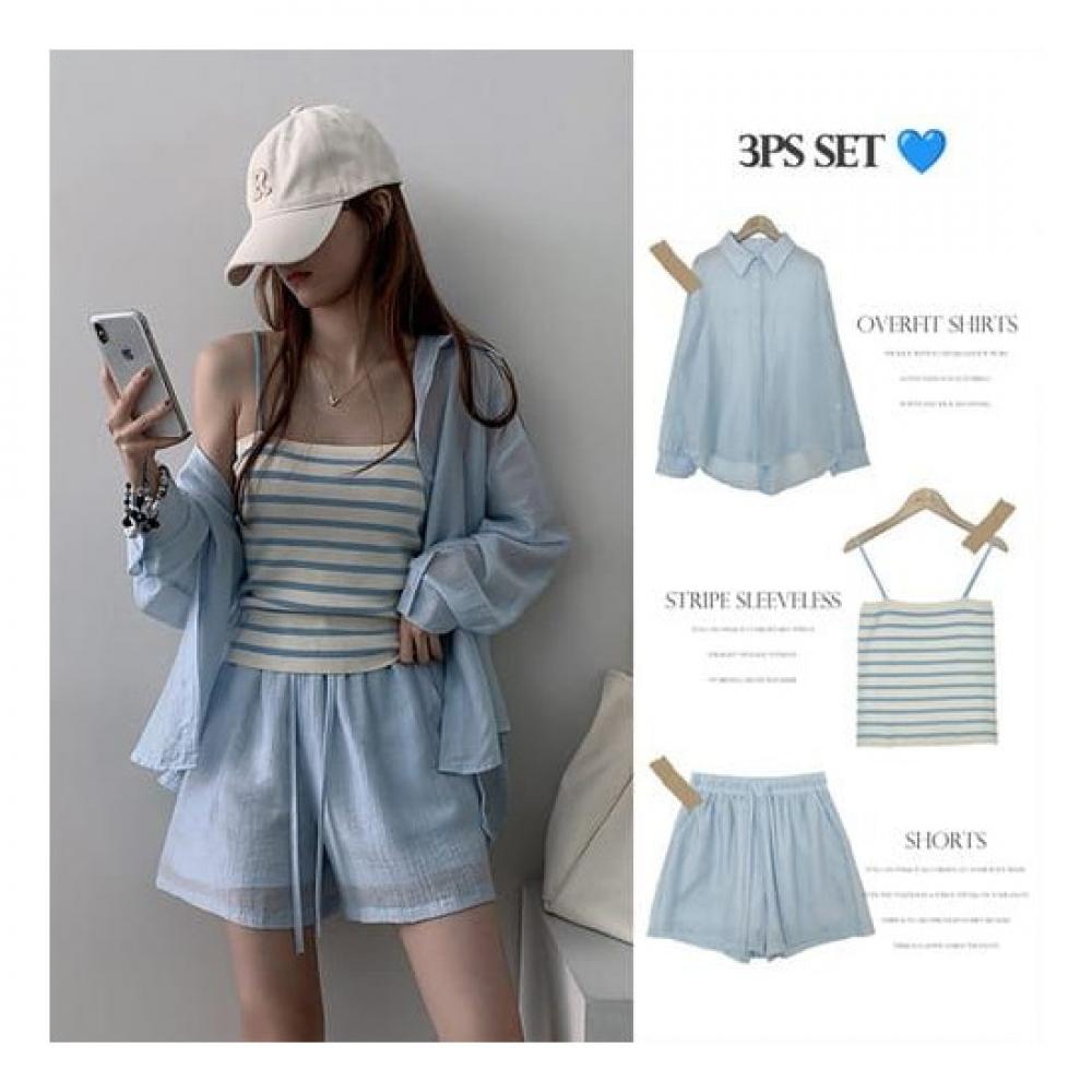 The Pink Oversize Shirt + Stripe Tank Top + Short Pants Set