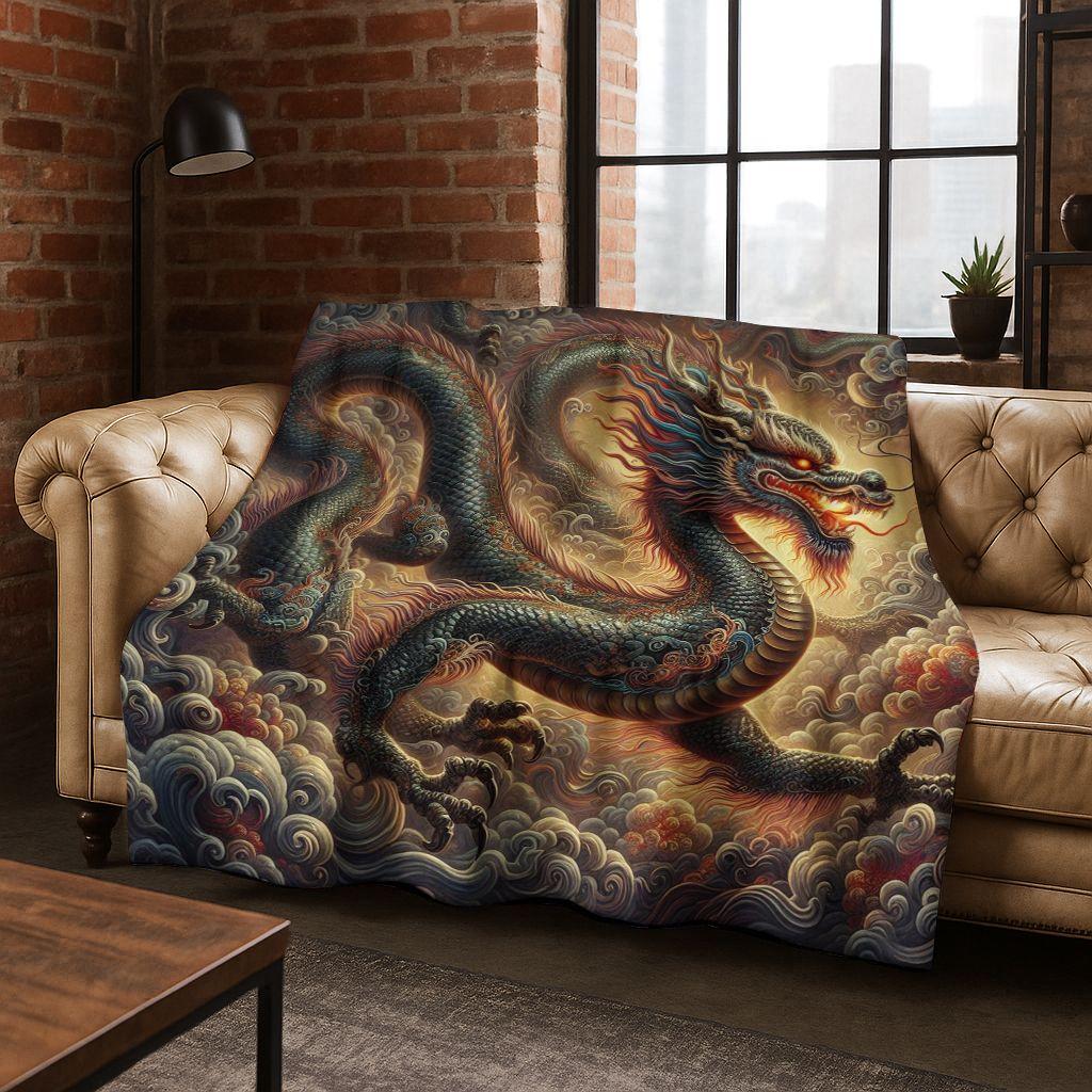 Magic Dragon Mythology Art Chinese Loong Cartoon Flannel Blanket,Cozy Soft Throw Blanket for Home Bedroom Bed Sofa Cover Kid