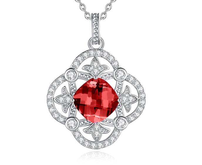 925 Sterling Silver Clover Pendant Necklace for Women, Natural Garnet/Amethyst/Citrine Crystal, Fashion Jewelry