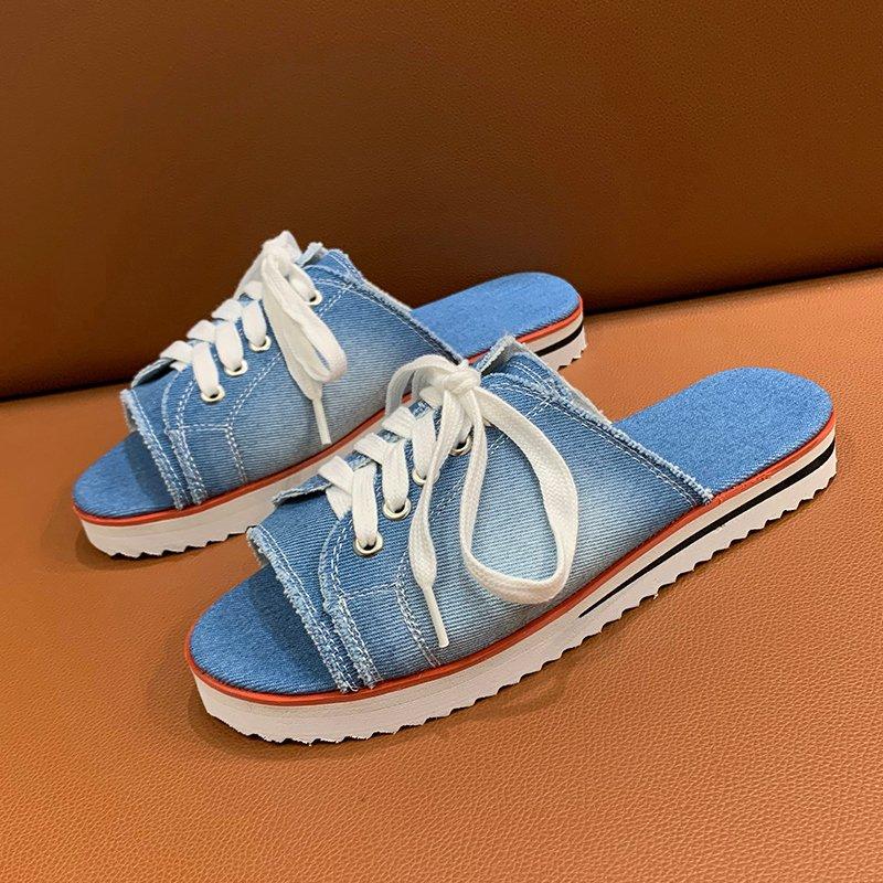 

Модные женские парусиновые туфли на плоской подошве 2024 года, женские туфли на шнуровке с открытым носком, новые женские повседневные модные джинсовые пляжные туфли больших размеров 35-43 42 светло-синий