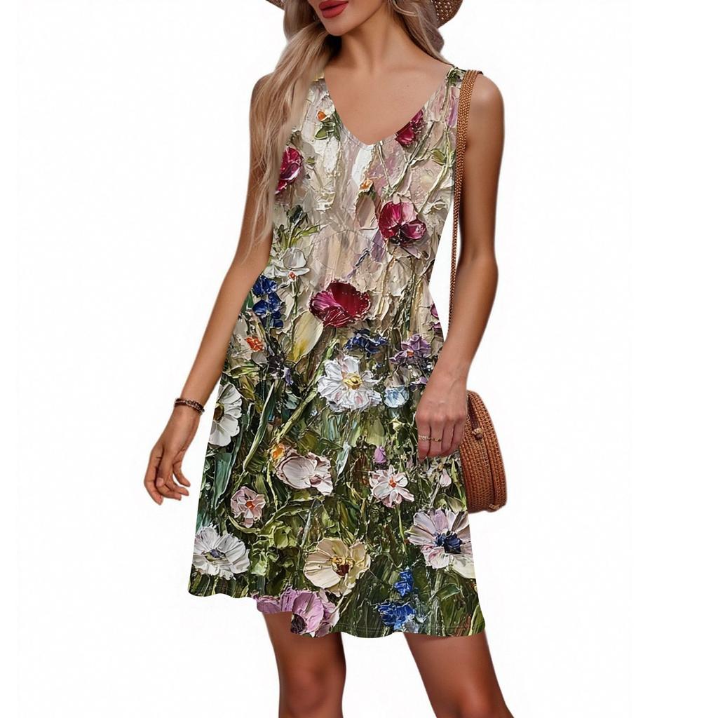 Abito da donna estivo scollo a V casual da vacanza al mare con stampa floreale retrò, senza maniche, patchwork
