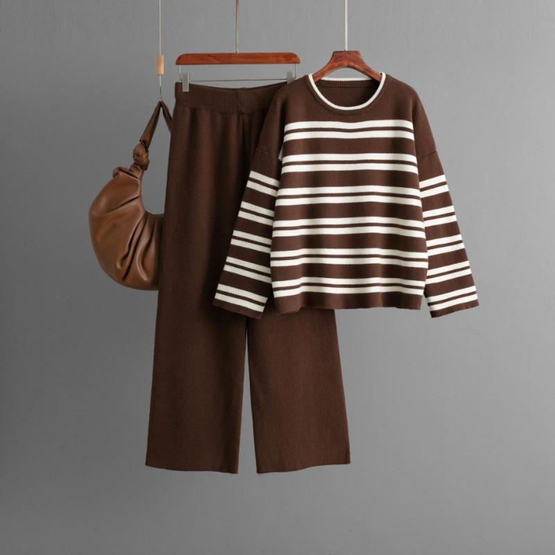 Striped sweater set autumn and winter new loose fashion casual wide-leg pants knitted two-piece set