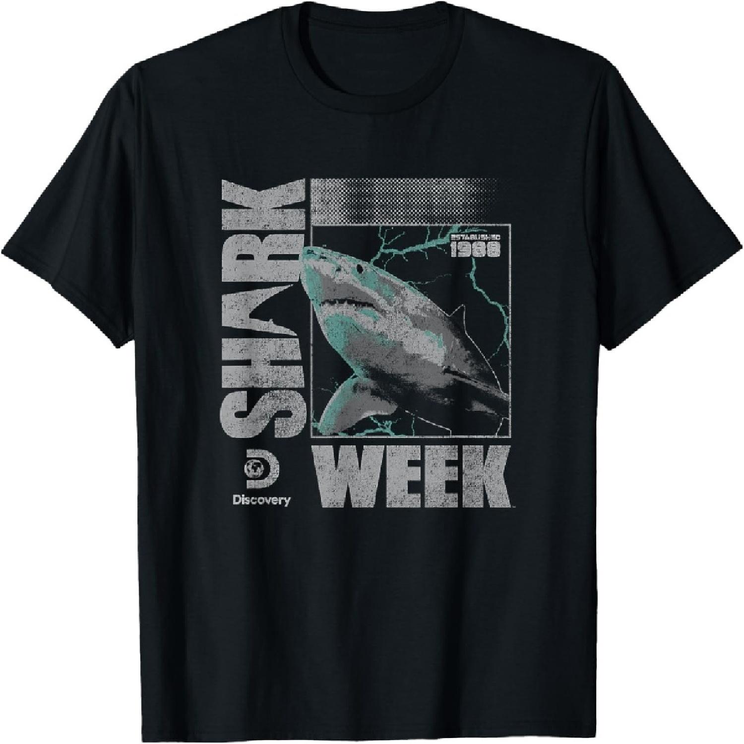 Shark Week Neon Lightning Glitch Great White Eighties Logo T-Shirt S