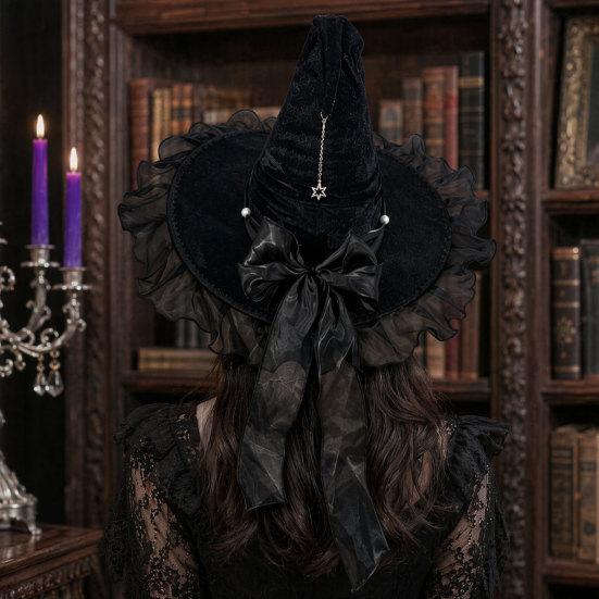 Xiaobudian Halloween Witch Hat for Women, Velvet Wizard with Ruffle Brim And Bow Party, Masquerade, Cosplay Costume Accessory